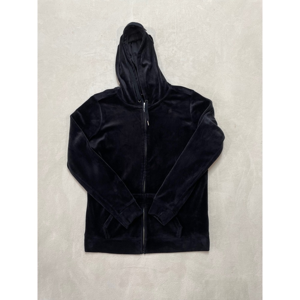 Gloria Vanderbilt Womens Black Velour Full Zip Hoodie Sweatshirt Medium M
